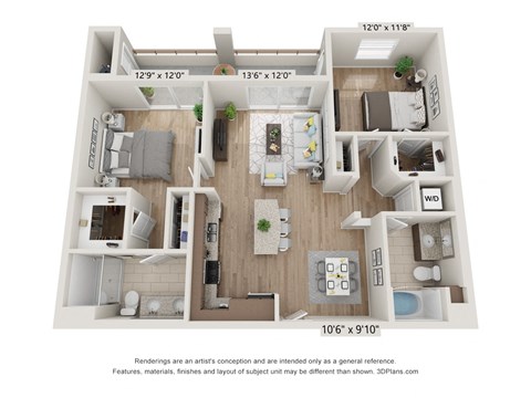 Floor plan for 2 beds, 2 baths, 1103 sqft
